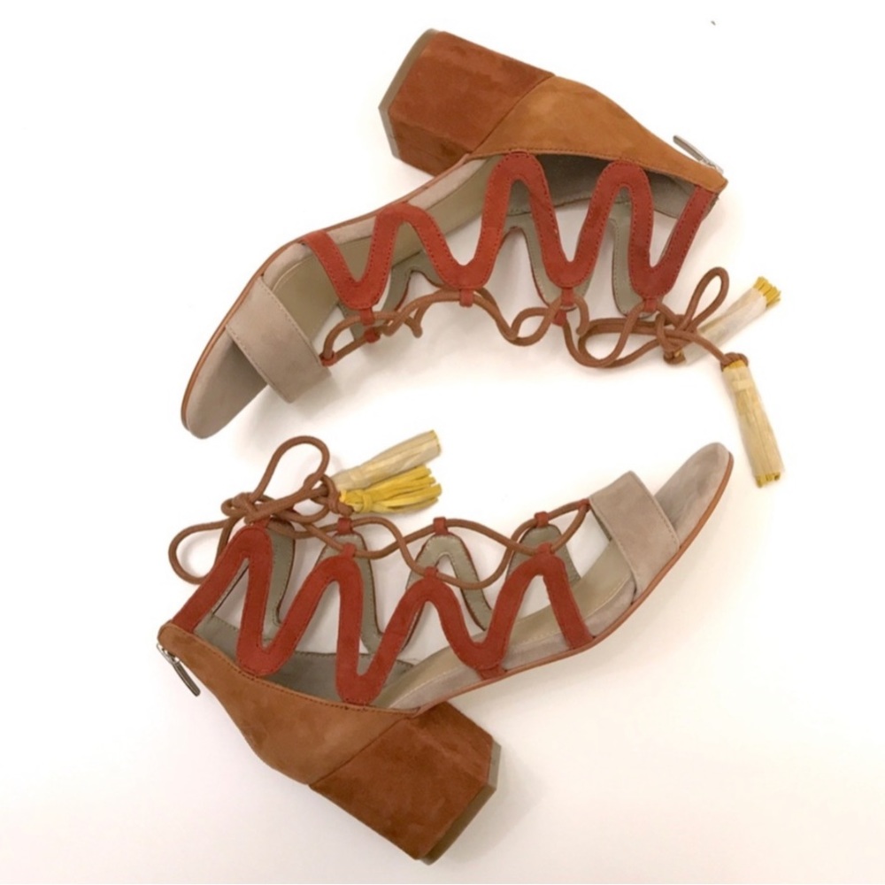 Marc Fisher Rays Lace Up gilly block heel sandal Taupe Brown Suede - Picture 3 of 6